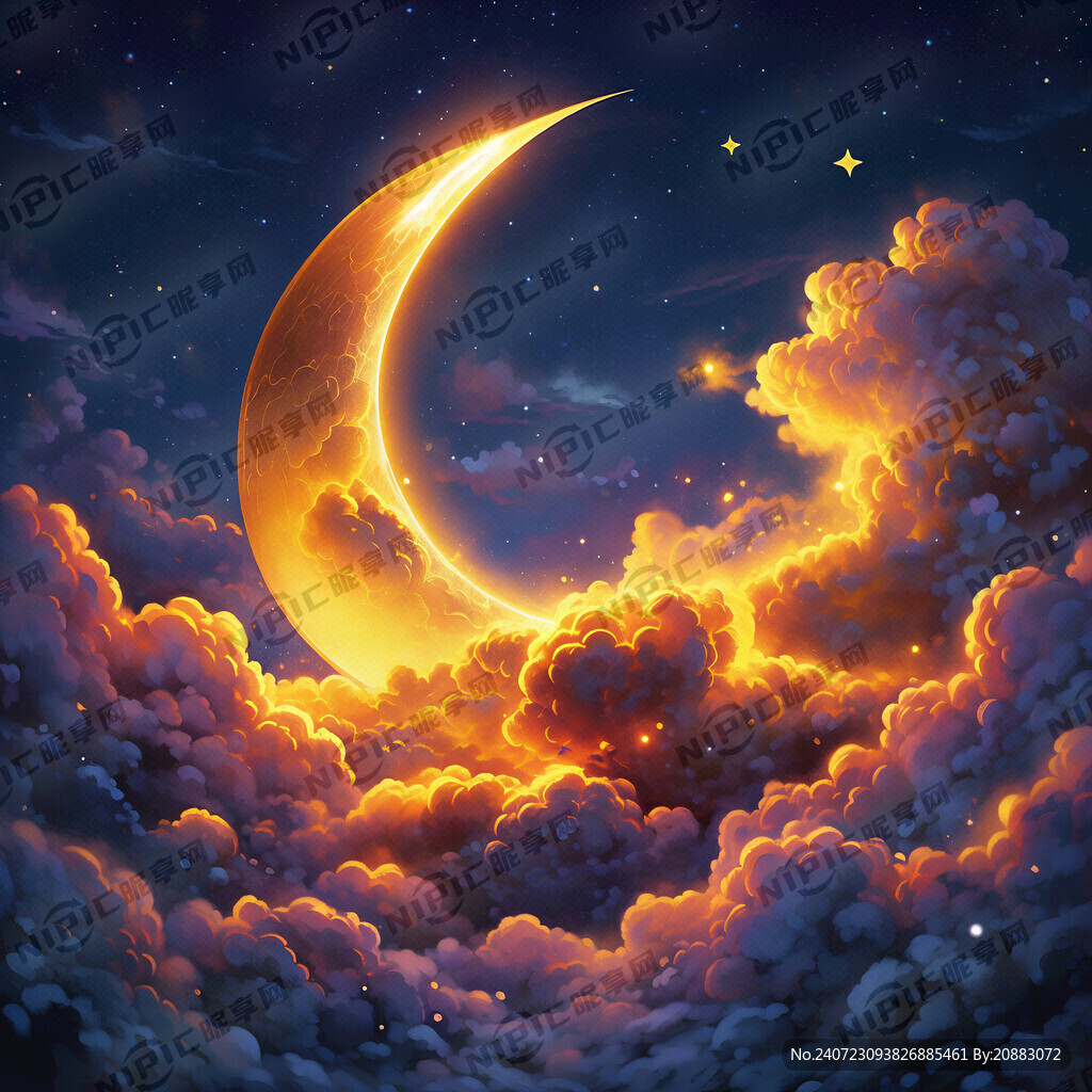 黄色发光半月 星空 云朵 睡眠
