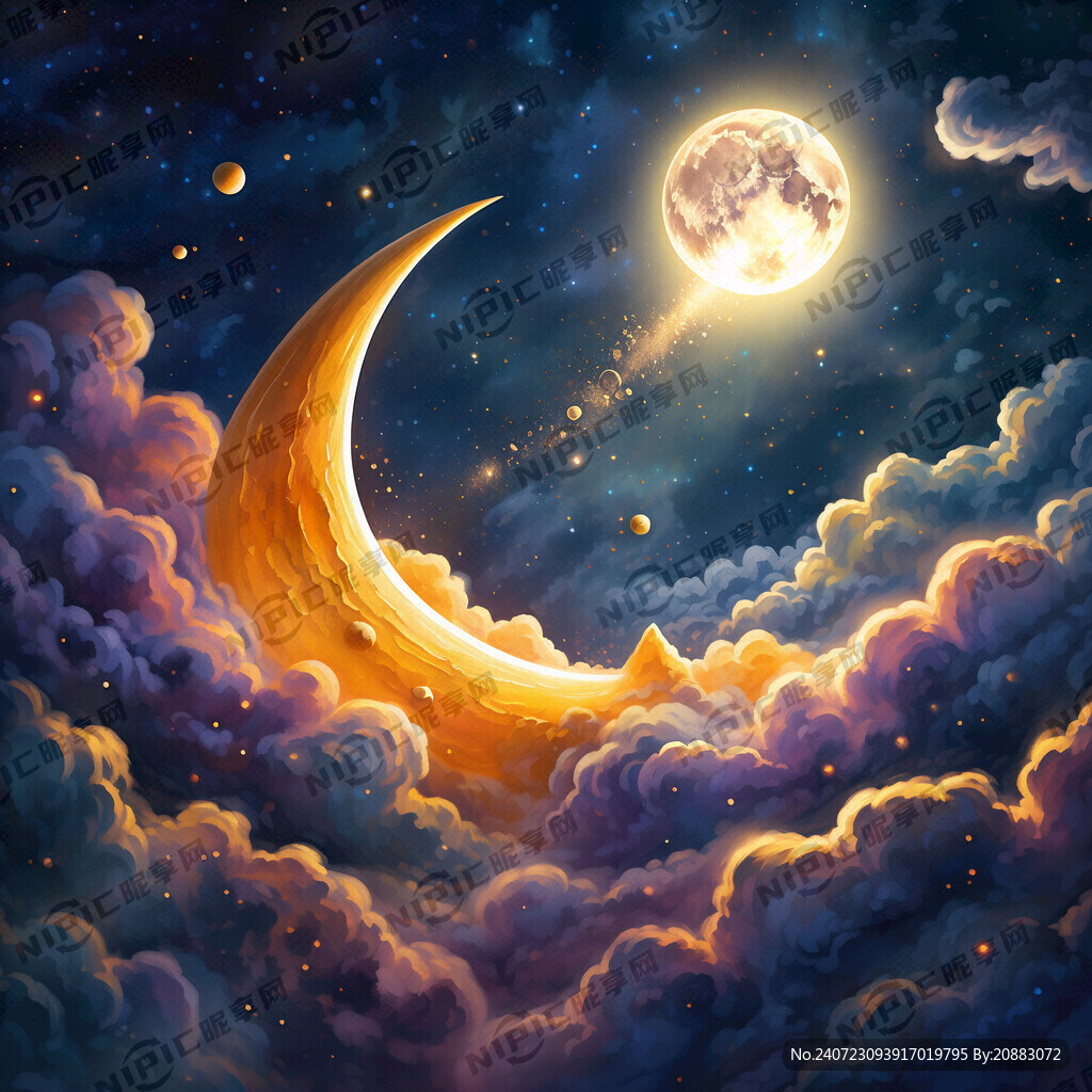 黄色发光半月 星空 云朵 睡眠