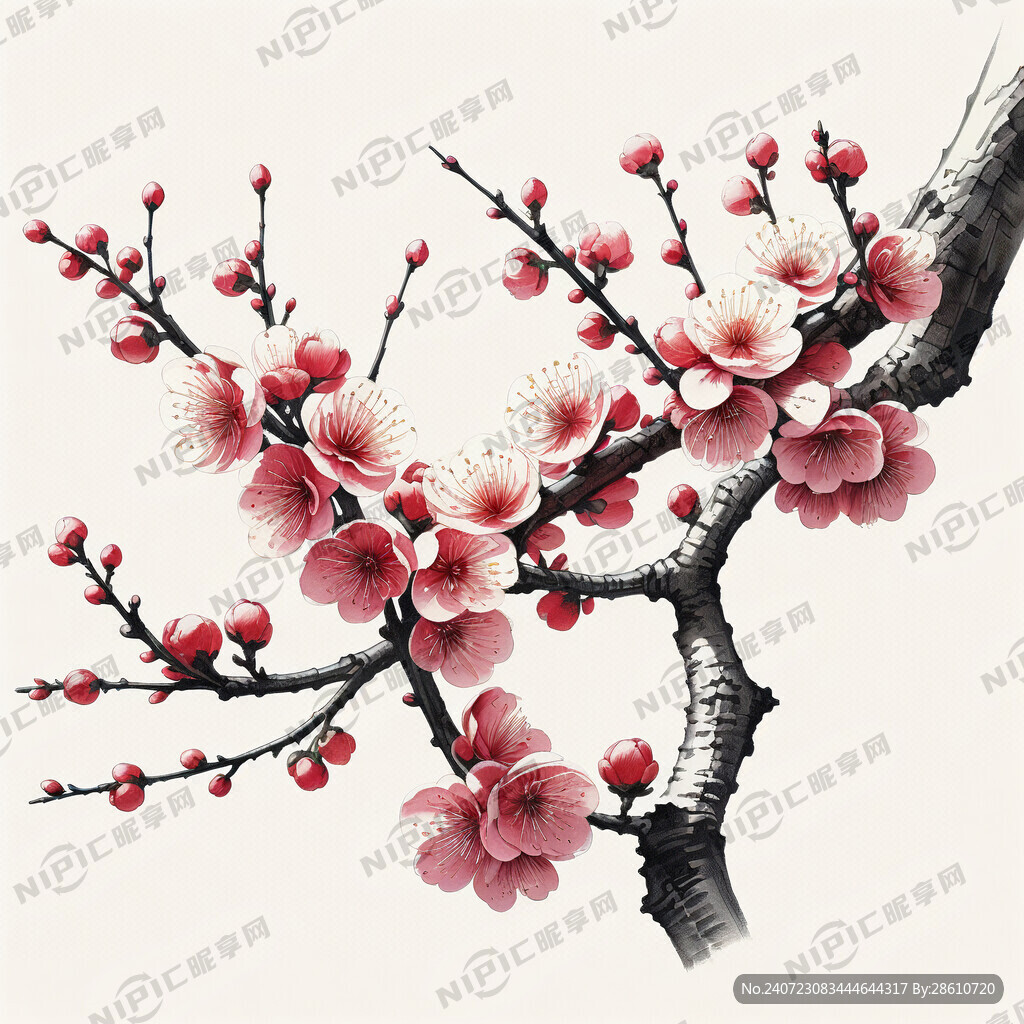 梅花  向右延伸 有绿叶 