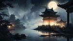夜黑风高的晚上中国古代阁楼中昏暗的烛光拉着常常的倒影
超高清