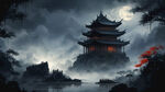 夜黑风高的晚上中国古代高高的阁楼中昏暗的烛光拉着长长的倒影
超高清