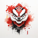 舞狮，狮头，炫彩，喷墨，中国风，喜庆，过年气息，大红色，黑色，梦幻，完整，可爱，大眼睛，新年