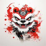舞狮，狮头，炫彩，喷墨，中国风，喜庆，过年气息，大红色，黑色，梦幻，完整，可爱，大眼睛，新年