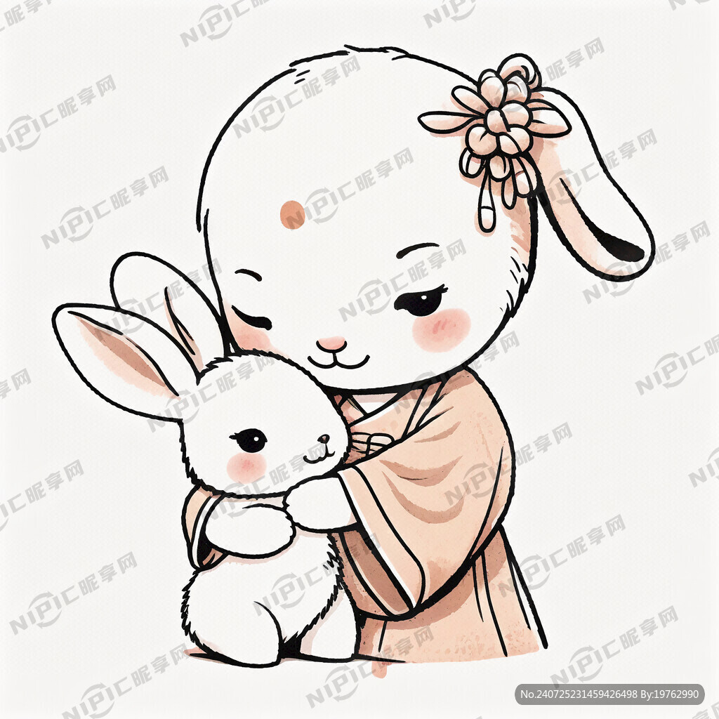 一个兔子被女孩抱着。简笔画