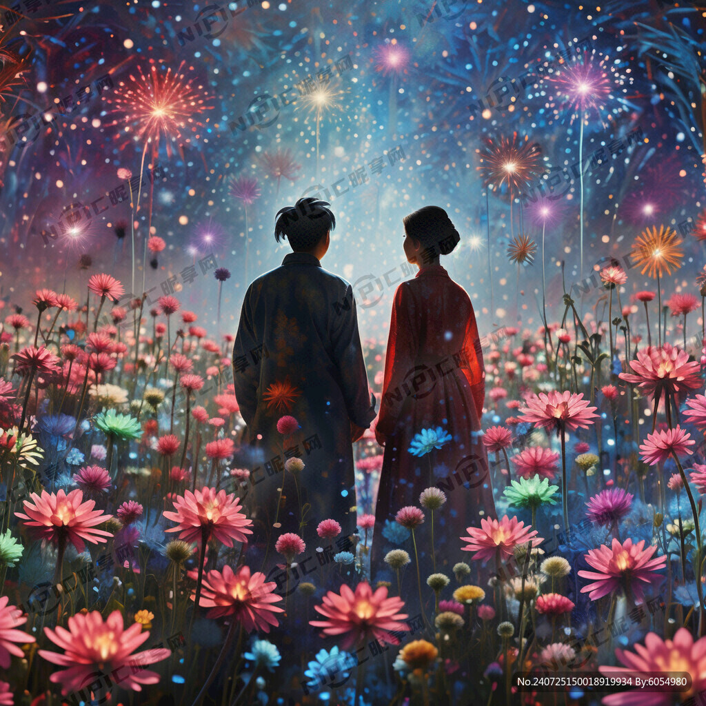 一对情侣站在炫彩星空的花海中