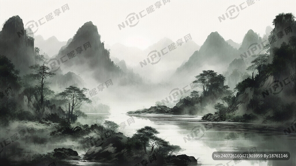 绿色水墨山水画