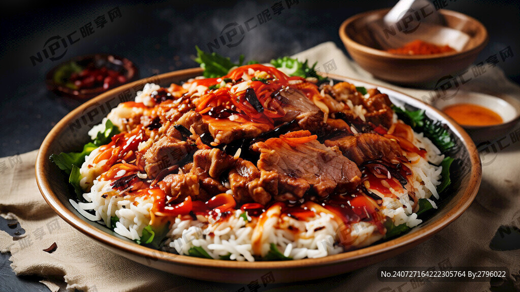 一张高清有食欲饱和度高的烤肉拌