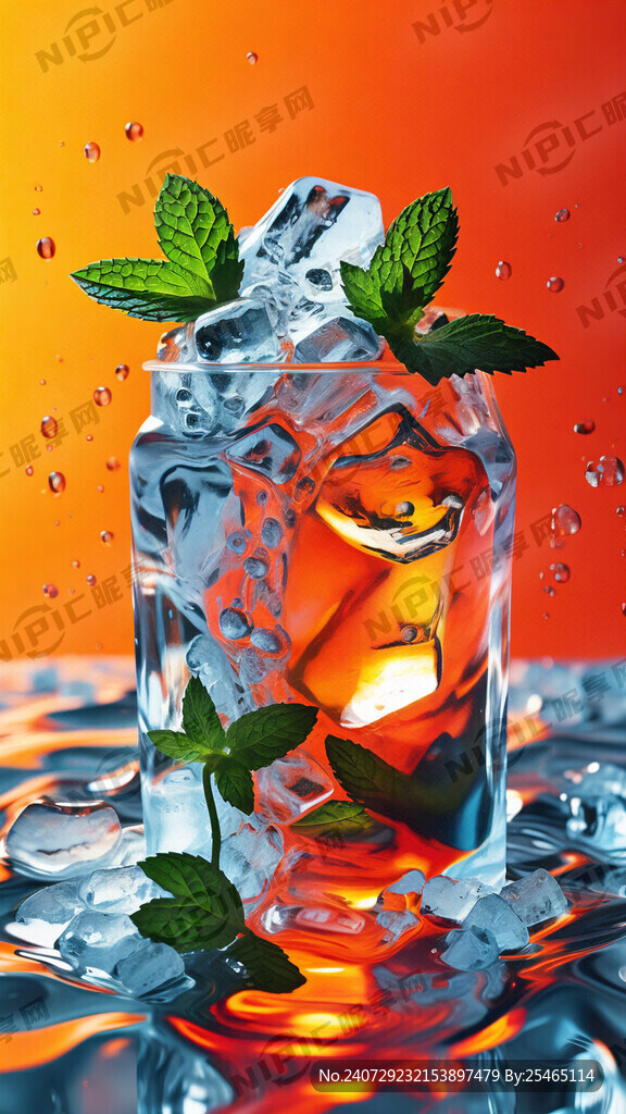 薄荷 水 冰 橙色背景  动感