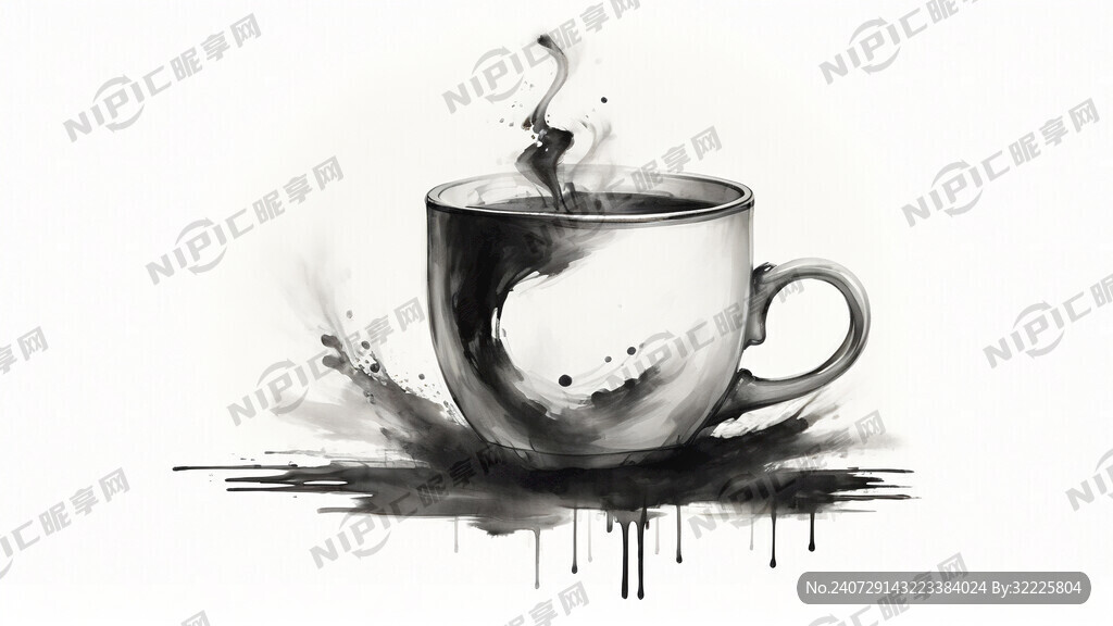 咖啡杯 中国画 水墨风格 高清
