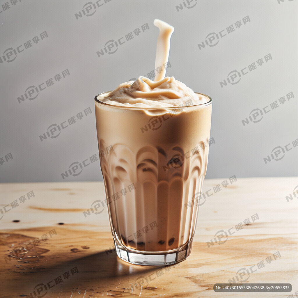 一个咖啡杯装着奶茶放在木桌子上