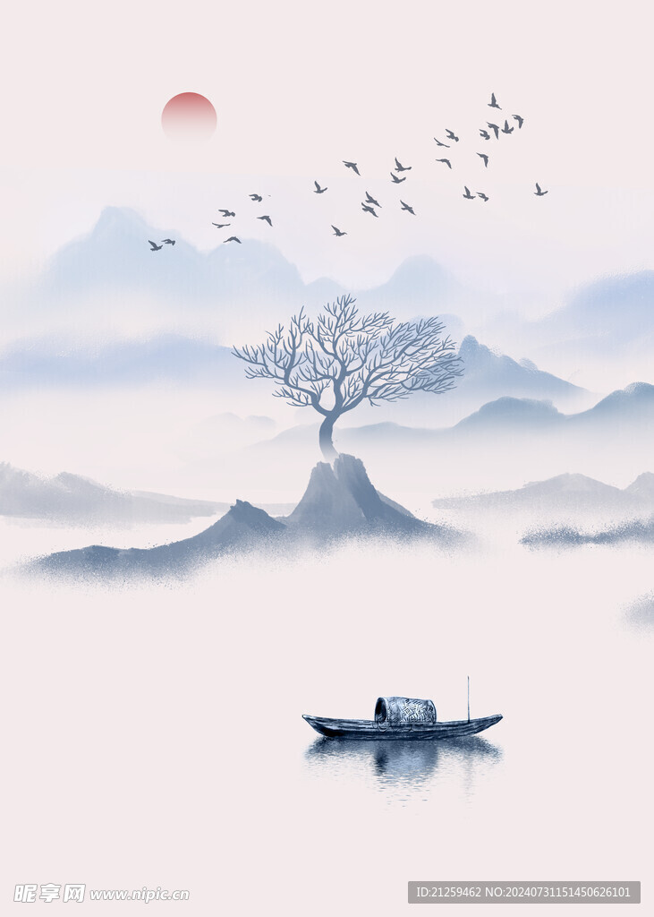 中式极简枯树意境禅意山水装饰画