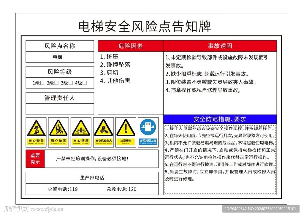 电梯安全风险点告知牌