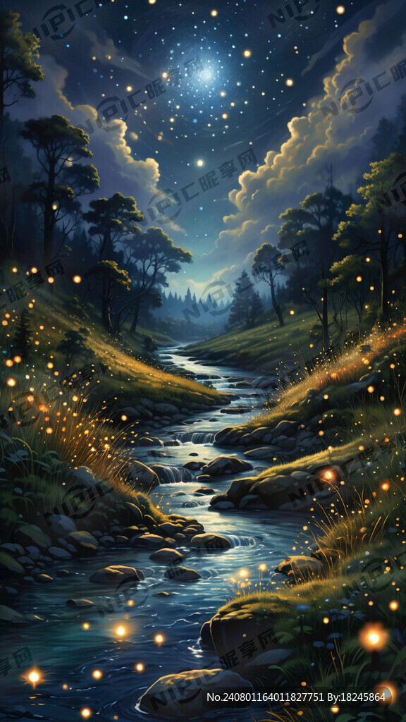 星空 草丛 弯曲的溪流 萤火虫