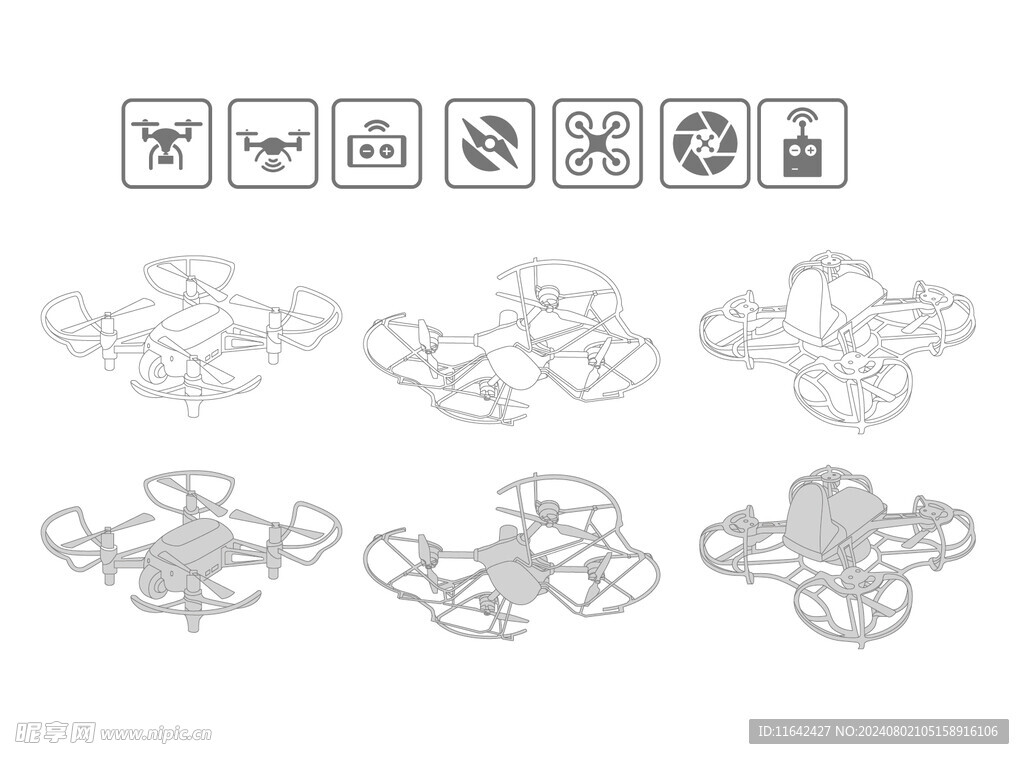 无人机线稿矢量