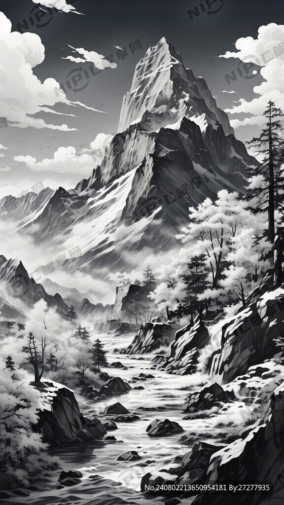 长白山 风景 竖版 手绘 线描