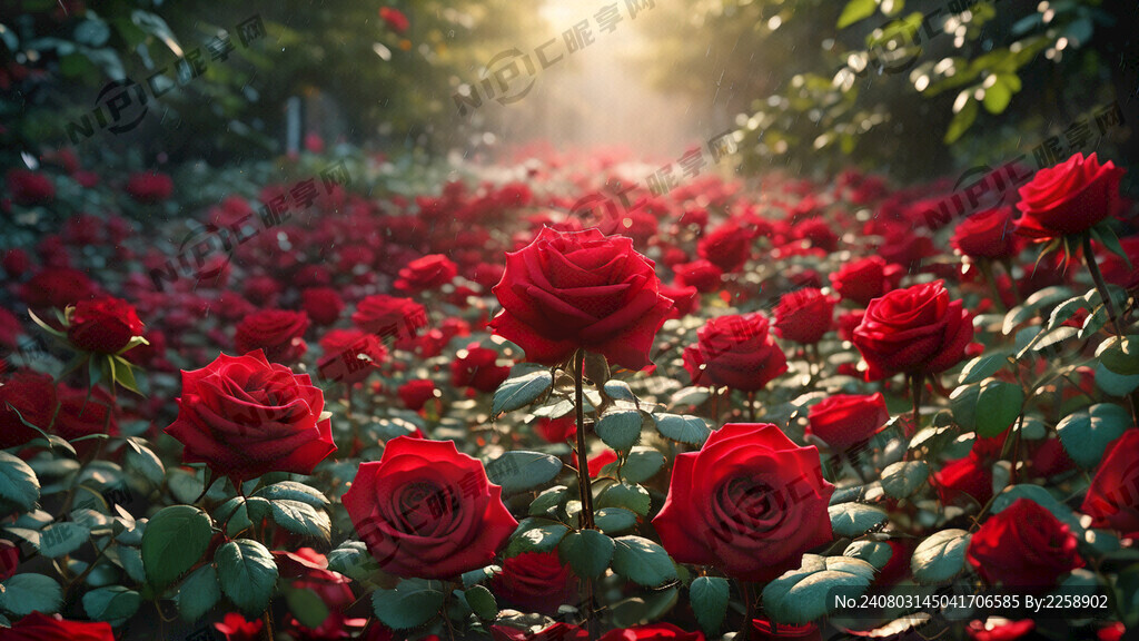 红玫瑰漫山遍野 绿叶衬托 梦幻