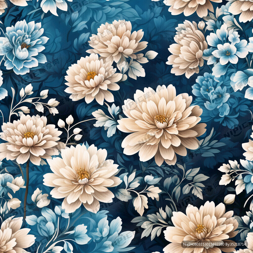 天蓝色背景 白色小花  印花