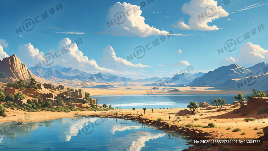 以沙漠为主题的风景画 绿洲