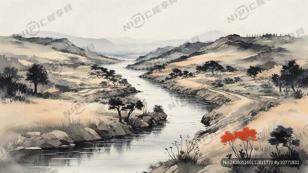 一条运河绕过平原国潮插画
