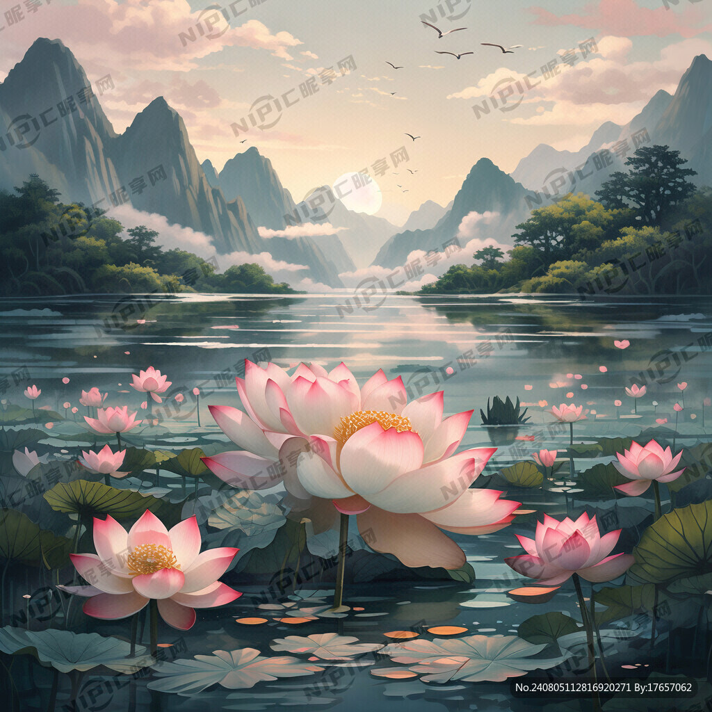 荷花 山水 船
