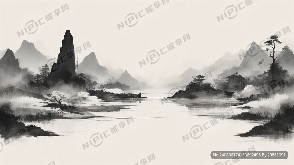 山水画 背景墙 清幽 简约