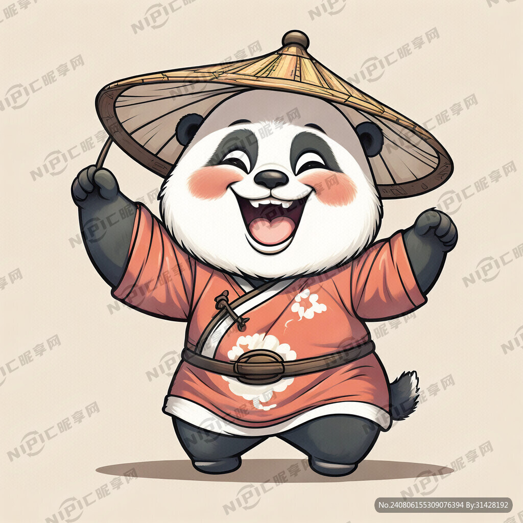 戴着斗笠的卡通熊猫 笑着的