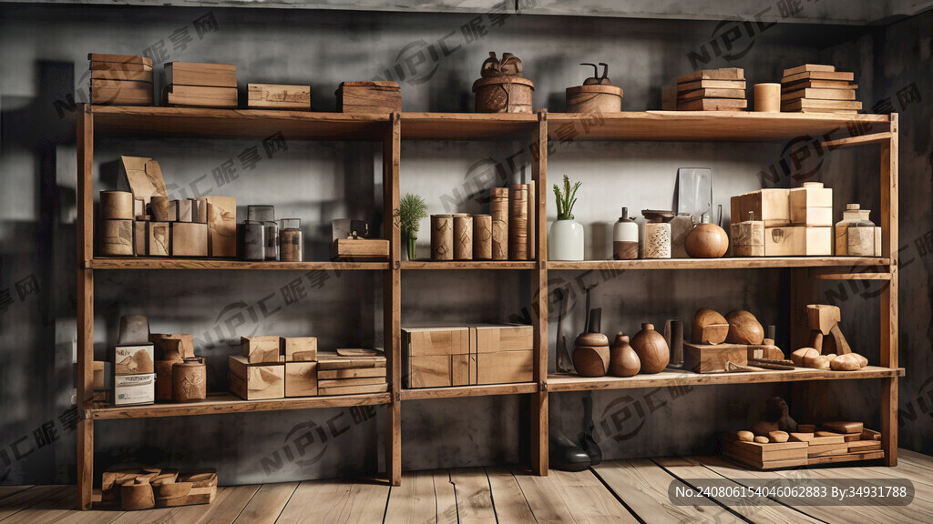 背景是实木货架 货架上有陈列