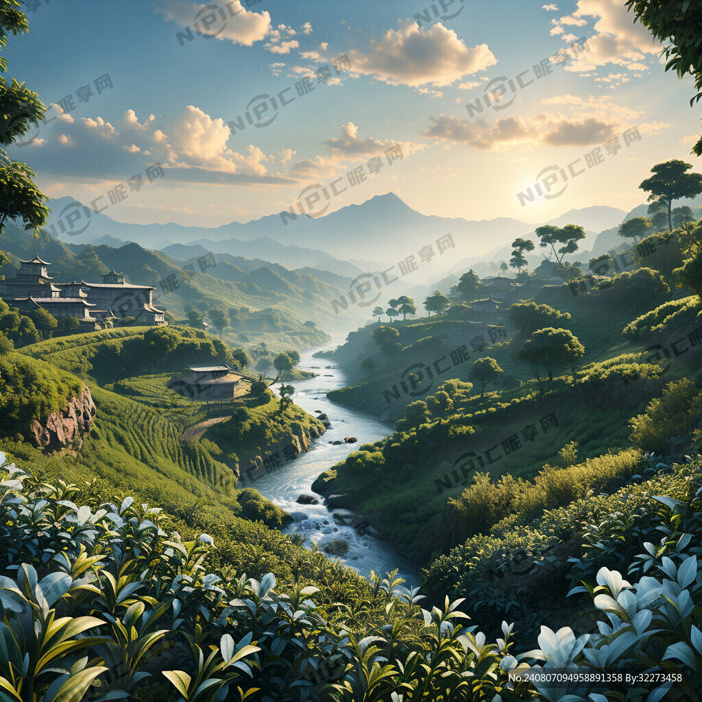 茶园风光 河流 茶山 蓝天白云