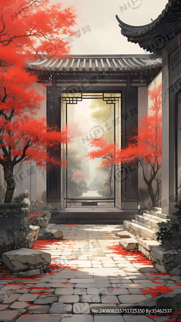 中国院落 花墙 花草 石头