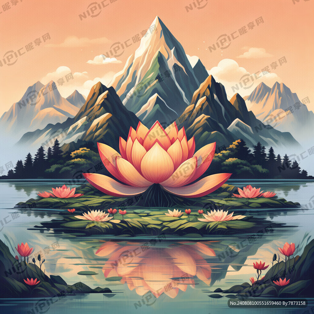 有莲花、山、水的标志