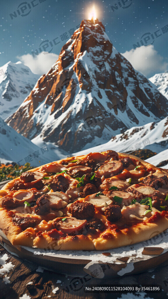 牛肉粒披萨 雪山背景 户外草坪