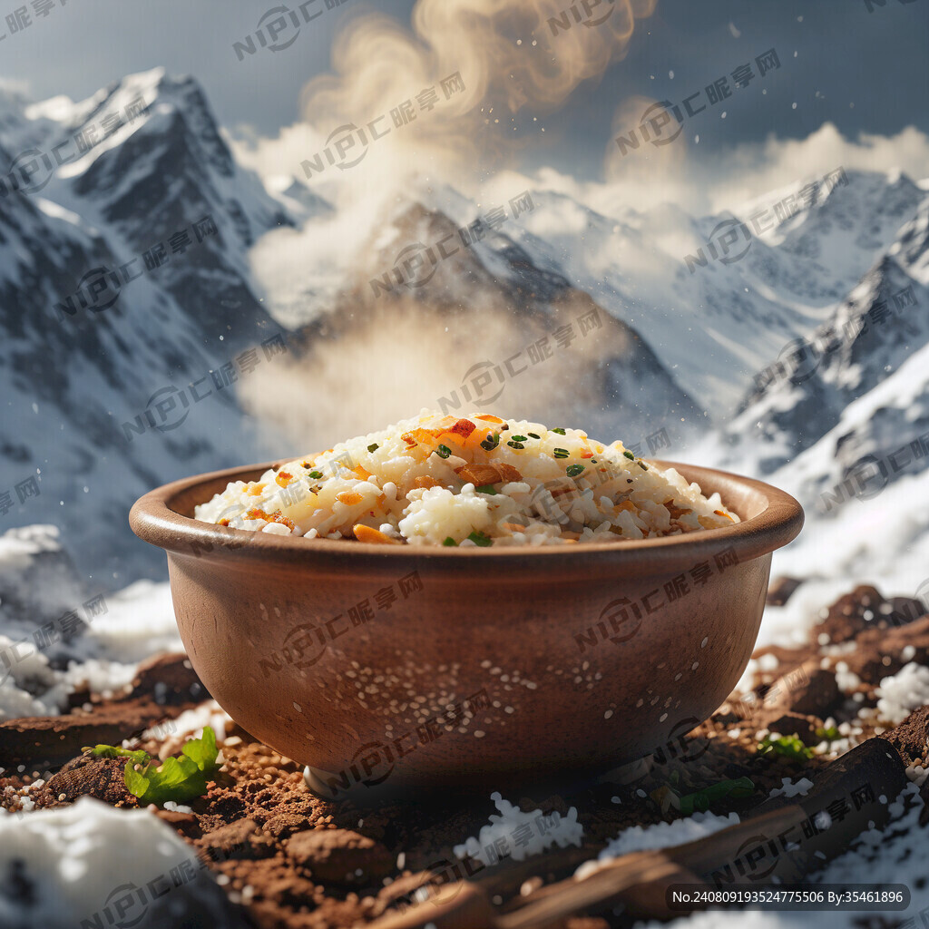 土锅鸡蛋炒饭 冒热气 雪山背景