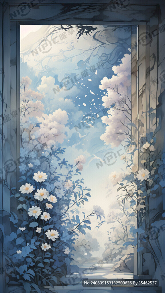 国风影壁墙 蓝天 白云 花草