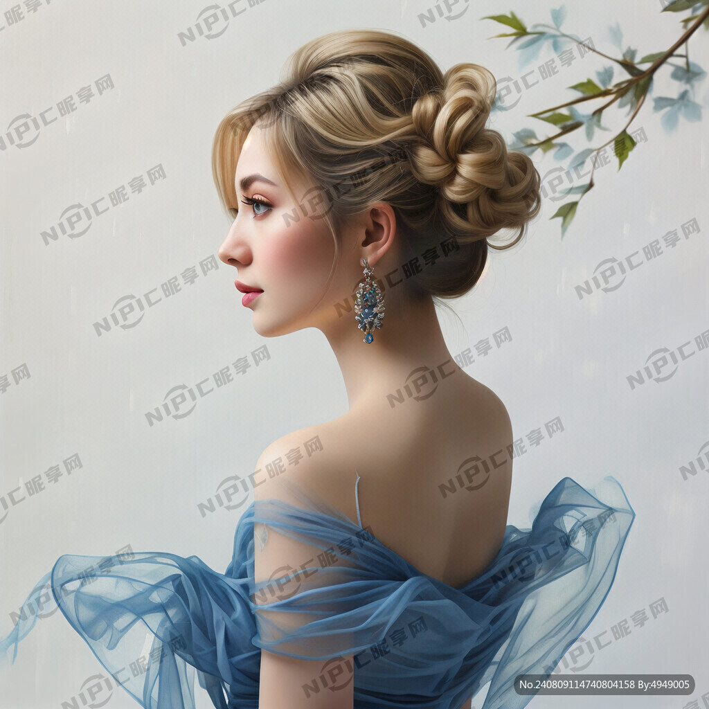 美女侧脸背部 蓝色纱裙 金发