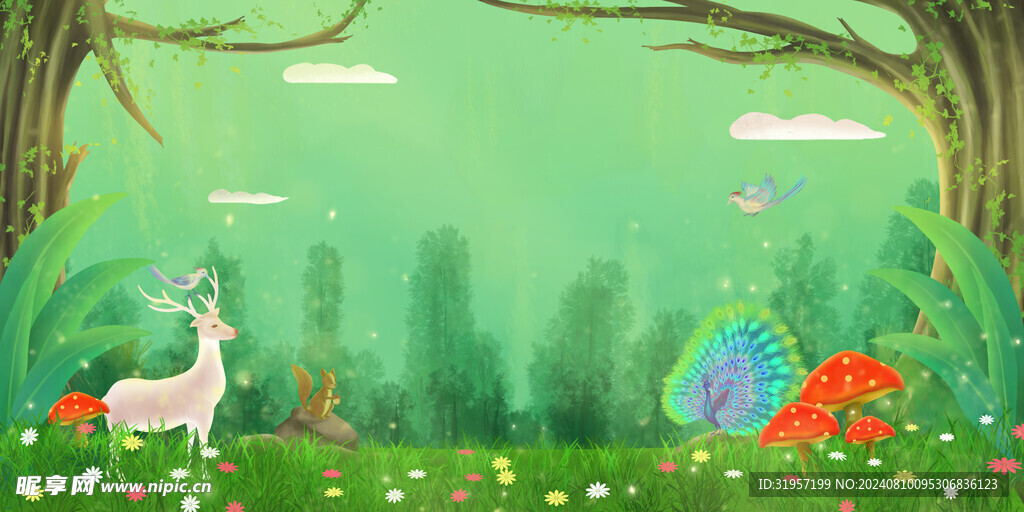 绿色森林动物插画背景