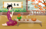 秋季养生美女喝茶插画