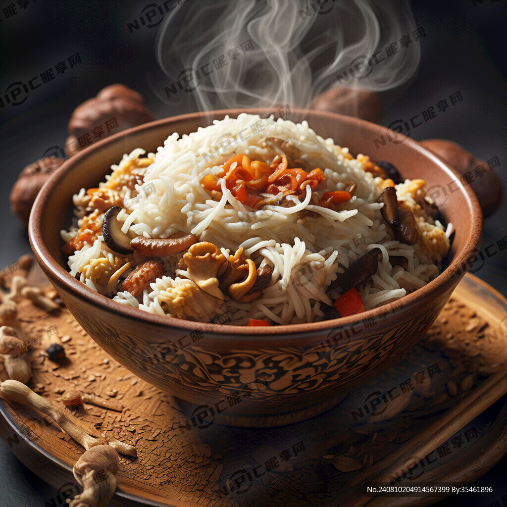 土碗菌子丝炒饭 冒热气 暖色调
