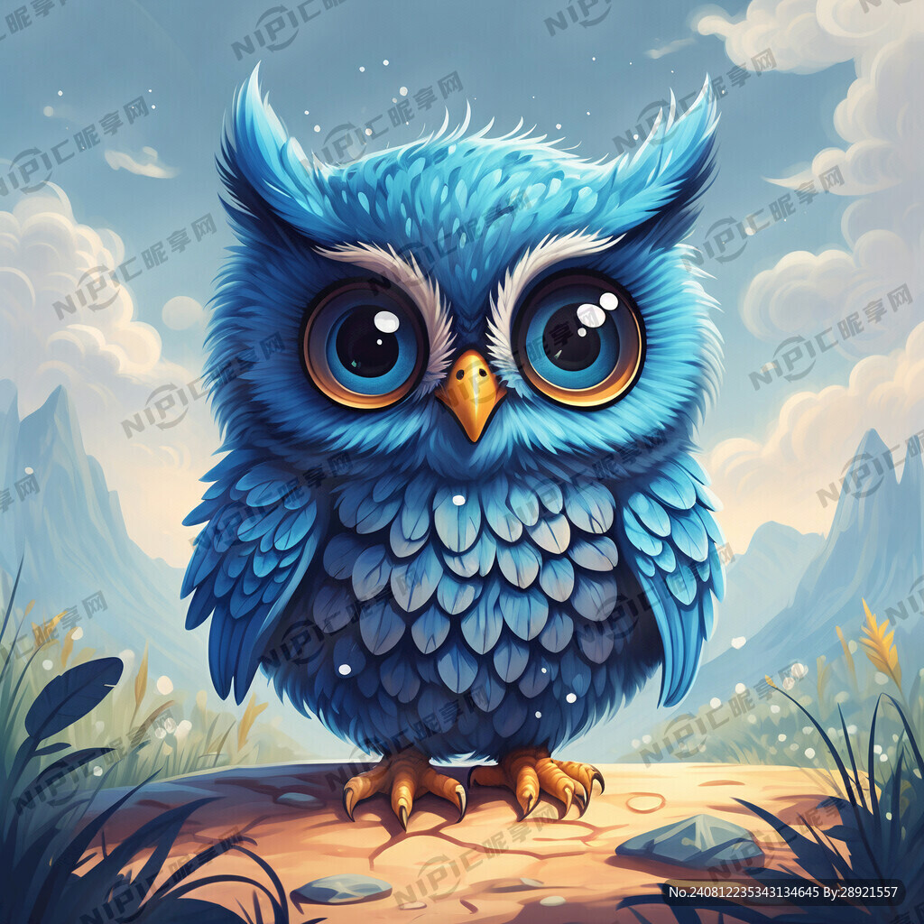 可爱蓝色猫头鹰卡通画