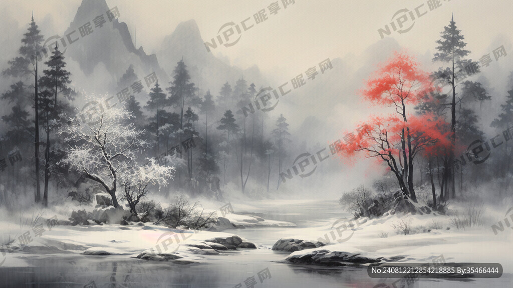雪景 雪 郊外 森林 水墨
