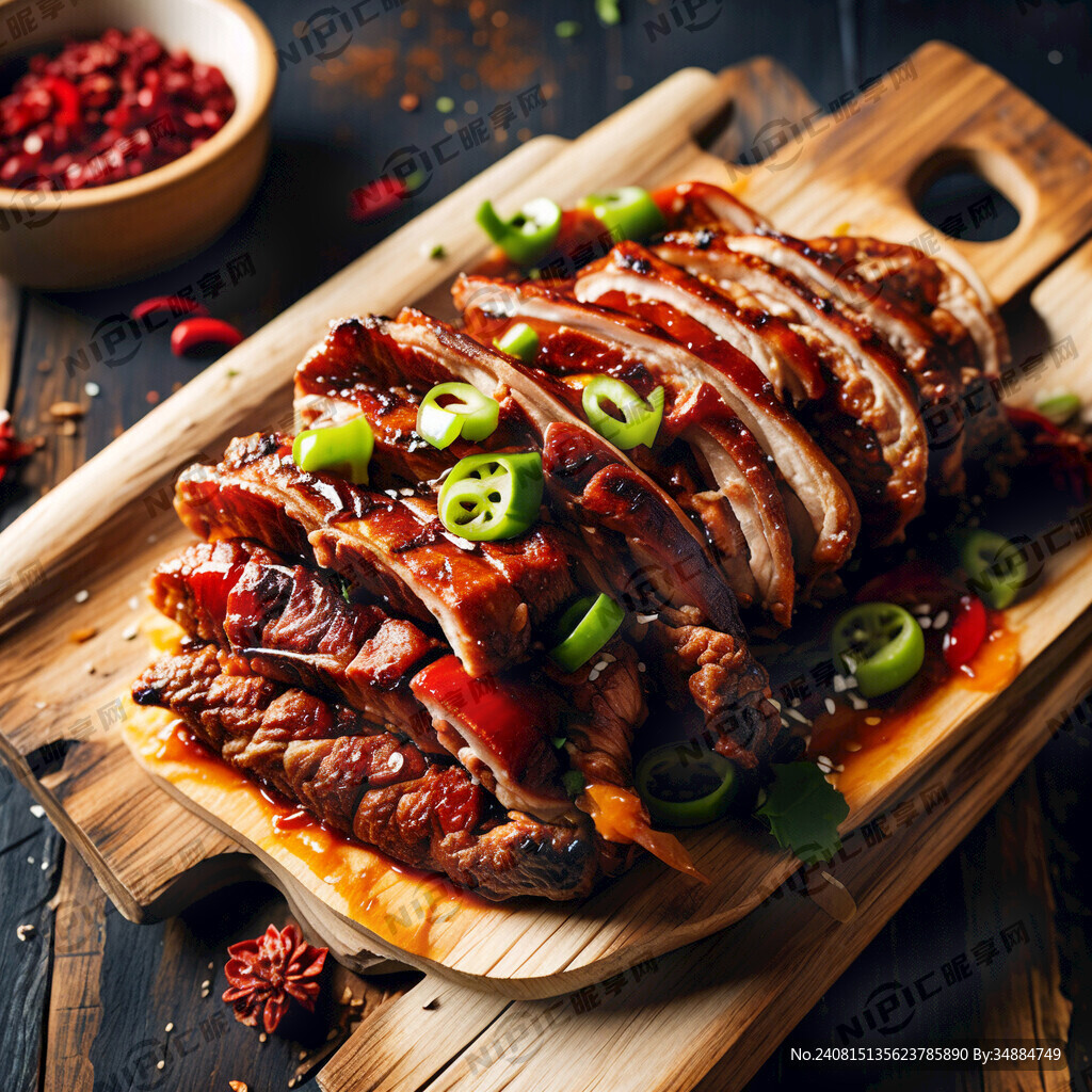 蘸上辣椒面的烤肉片