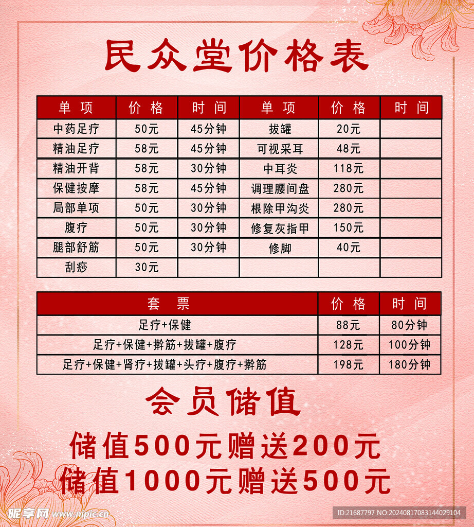 价格表