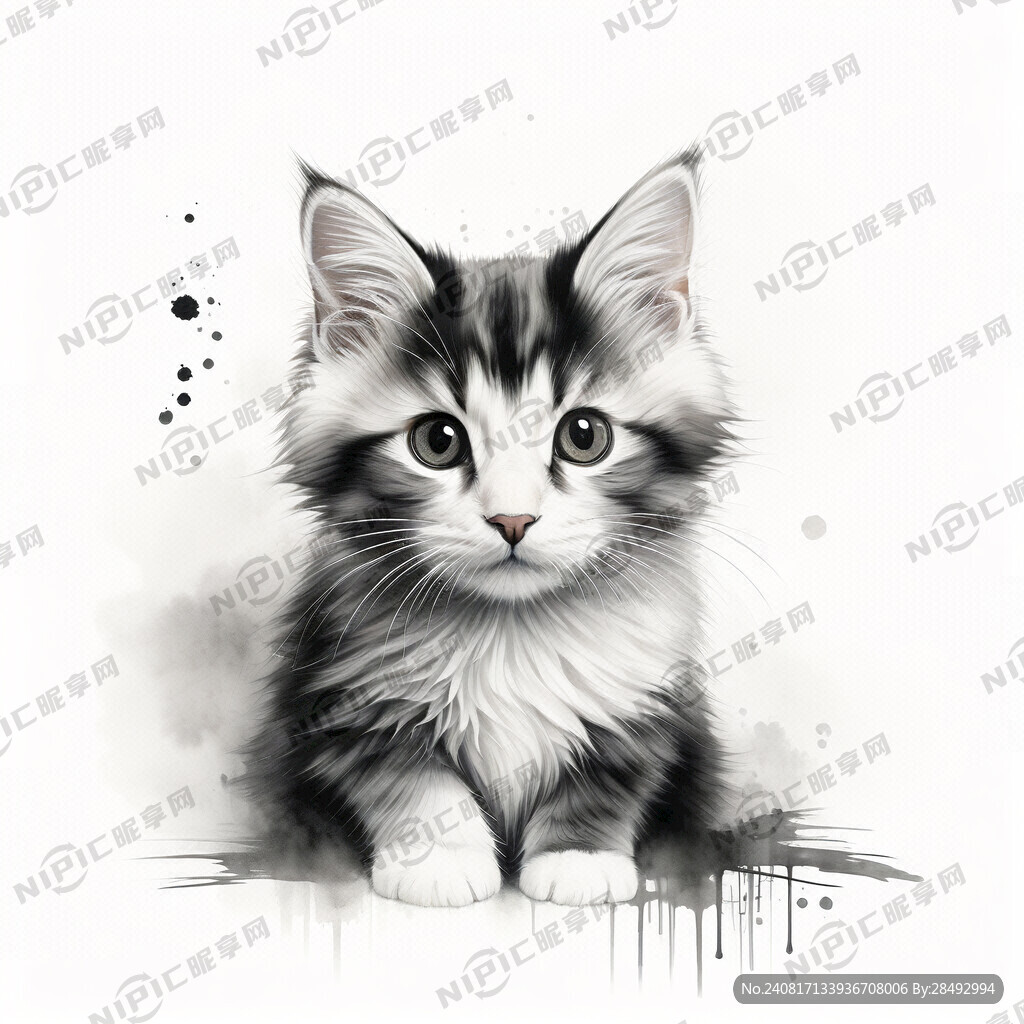 猫。黑白素描。可爱。萌
