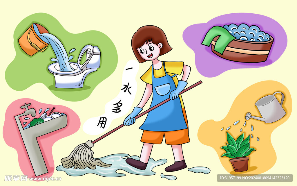 节约用水一水多用插画