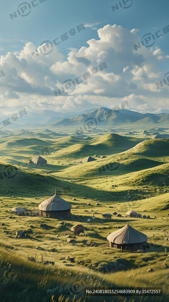 绿绿的辽阔的草原 群山 蓝天