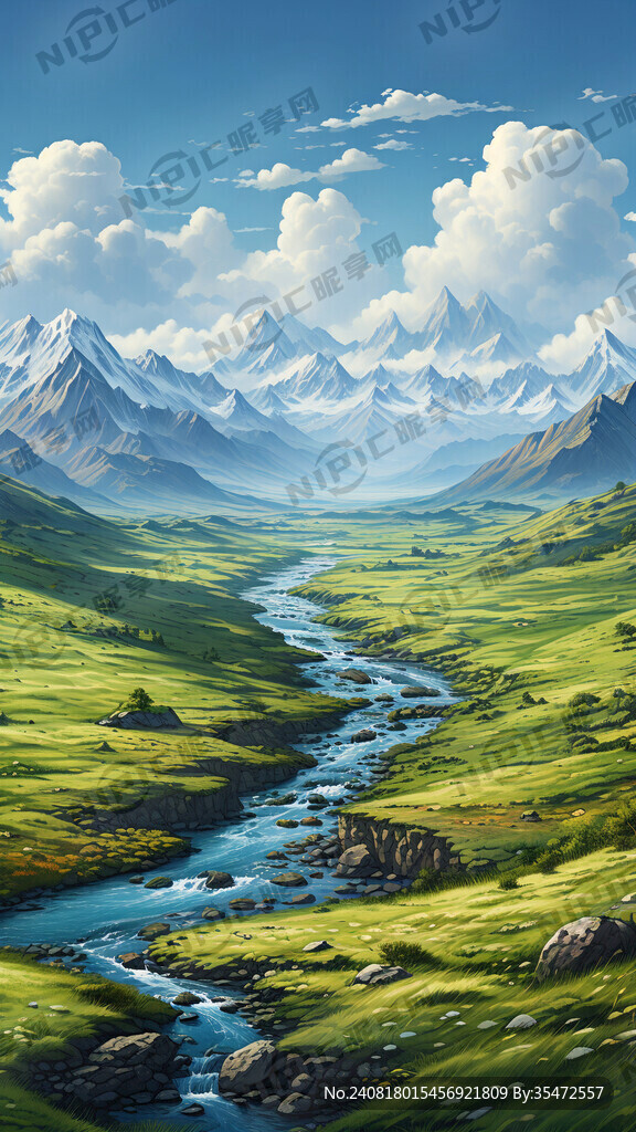 绿绿的辽阔的草原 群山 蓝天
