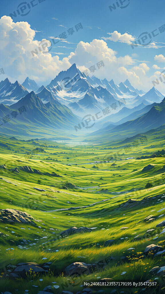 明亮 绿绿 开阔平平草原 群山