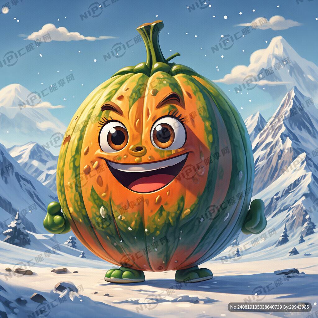 哈密瓜 卡通 穿插点雪山的元素