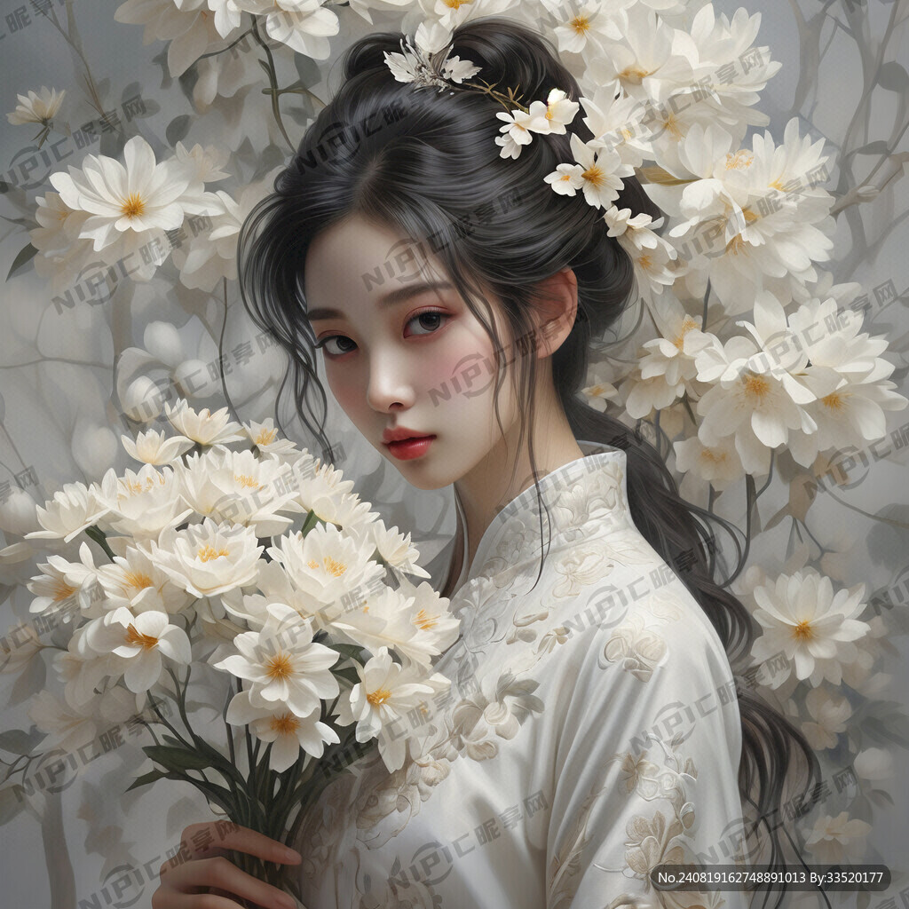 美女 白色鲜花