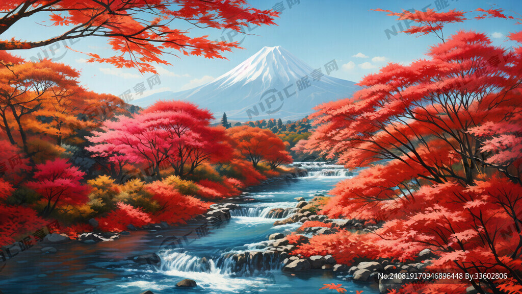 富士山、枫叶林、小溪