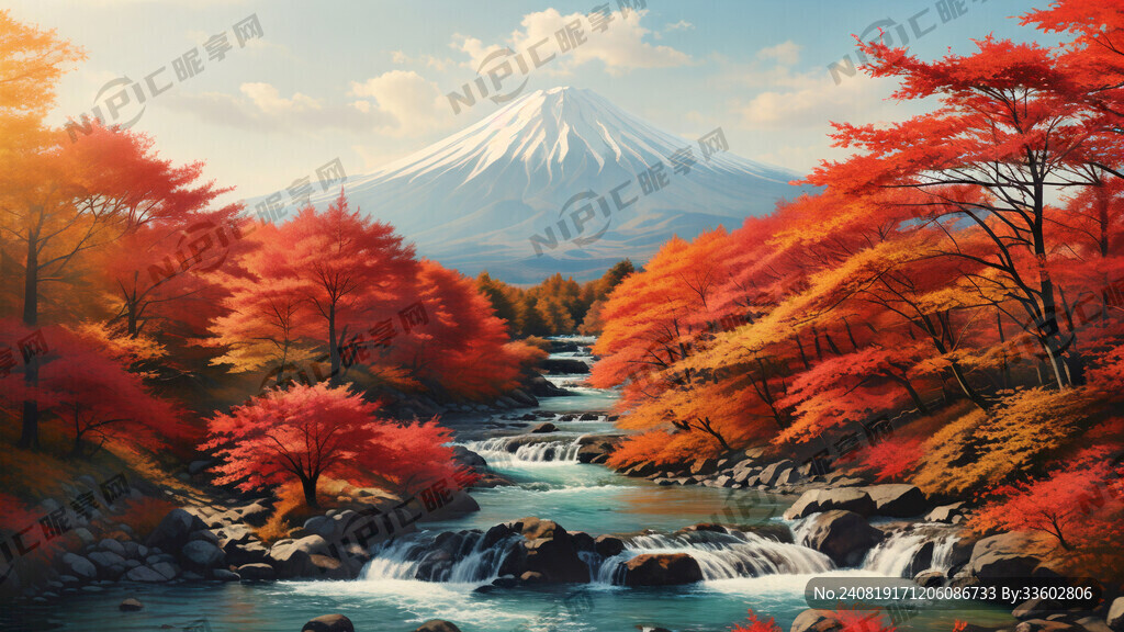 富士山、枫叶林、小溪